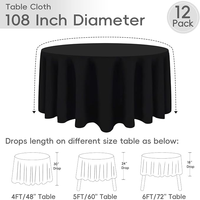 12 Pack Black Round Tablecloths 108 Inch | For 4Ft-6Ft Round Table, Wrinkle Resistant Table Cloth, Washable Polyester Fabric, For Wedding Party Banquet Buffet Camping