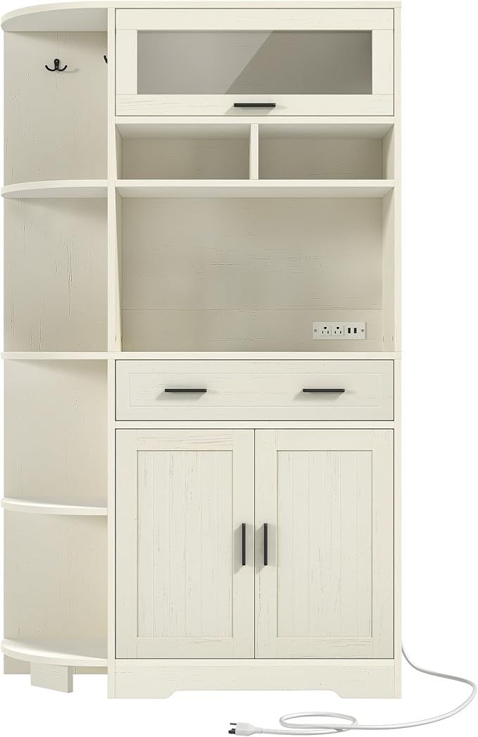 DWVO 67" Farmhouse Baker Rack with Power Outlets & Microwave Stand, White | Buffet Sideboard Cupboard Hutch with Drawer for Kitchen, Living Room, and Dining Room