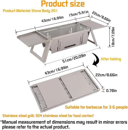 Portable Charcoal BBQ Grill for 3-6 People, Foldable Stainless Steel Grill with Windproof Design & Adjustable Height, Quick Setup Camping Picnic Stove for Backyard Travel