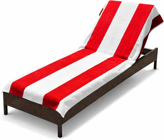 Superior Cabana Cotton Lounge Chair Cover, Outdoor Towel/Chaise Furniture Covers, Terry Cloth, Beach, Spa, Swim Accessories, Pool Chair Cover, Soft, Quick Drying, 32" x 102", Red
