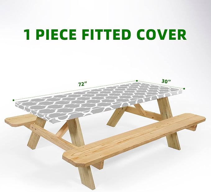 UMINEUX Fitted Rectangle Tablecloth, 30x72 Inch, 1-Pieces, GreyMorocco | Fitted for 6 ft Rectangle Tables, Plastic Vinyl Flannel Backed, Elastic Edged, Waterproof & Wipeable, Indoor Patio Use