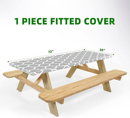 UMINEUX Fitted Rectangle Tablecloth, 30x72 Inch, 1-Pieces, GreyMorocco | Fitted for 6 ft Rectangle Tables, Plastic Vinyl Flannel Backed, Elastic Edged, Waterproof & Wipeable, Indoor Patio Use