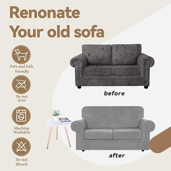 WEERRW Velvet Stretch 3 Pieces Couch Cover for Sofa Washable, Silver Grey | Love Seat Couch Covers for 2 Cushion Couch Sofa Furniture Protector slipcoves with Elastic Bottom for Kids, Medium