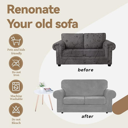 WEERRW Velvet Stretch 3 Pieces Couch Cover for Sofa Washable, Silver Grey | Love Seat Couch Covers for 2 Cushion Couch Sofa Furniture Protector slipcoves with Elastic Bottom for Kids, Medium