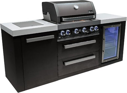 Mont Alpi 82"W x 23"D x 46"H Black Stainless Steel Modular Outdoor Kitchen Island with Refrigerator + 32"W 4-Burner BBQ Gas Grill + Side Burner + Granite Countertops + Storage Cabinets & Drawers