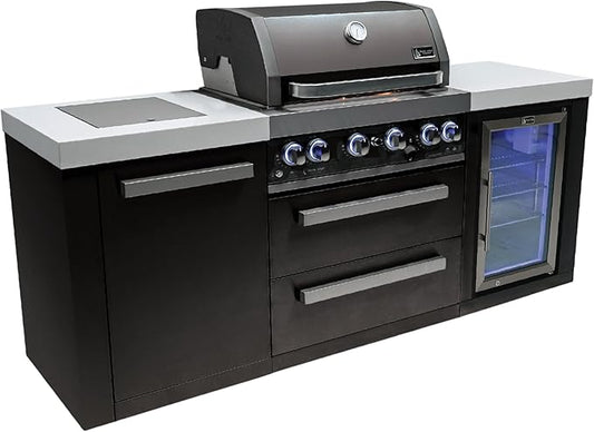 Mont Alpi 82"W x 23"D x 46"H Black Stainless Steel Modular Outdoor Kitchen Island with Refrigerator + 32"W 4-Burner BBQ Gas Grill + Side Burner + Granite Countertops + Storage Cabinets & Drawers