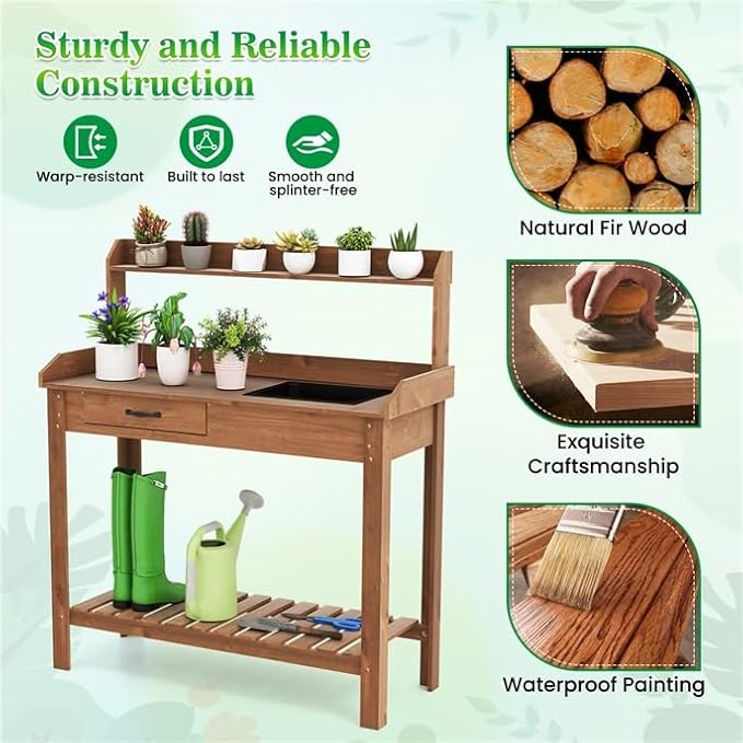 ARNOT Potting Bench,Outdoor Potting Bench Table with Sink and Storage Shelves, Wooden Garden Workstation for Gardening Tools, Planting, and Repotting – Natural Fir Wood (38" x 17" x 50")