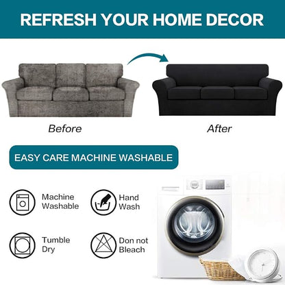 Turquoize 4 Piece Sofa Covers for 3 Cushion Couch Sofa Slipcover Soft Couch Cover for Dogs-Washable Sofa Furniture Covers with 3 Individual Large Cushion Covers (XL Sofa, Black)