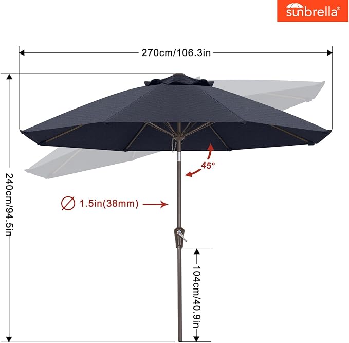 ABCCANOPY 10-Year No Fading 9FT Patio Umbrella, Acrylic Outdoor Table Umbrella with 8 Sturdy Ribs for Deck, Backyard, Garden, Yard (Blue Navy)