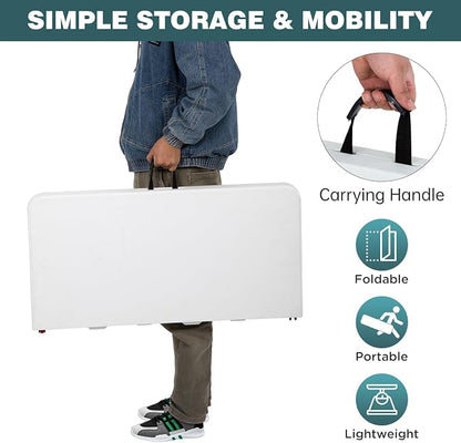 FDW | 34" Folding Table | White | Portable Plastic Table | with Carry Handle | Waterproof & Foldable Table Design | Steel Frame with Lock | for Events, Camping, Indoor & Outdoor Use