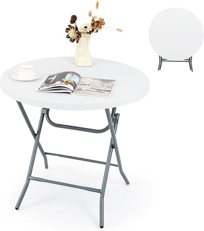 Tangkula 32" Round Folding Table, Portable Picnic Table with All-Weather HDPE Tabletop, Heavy-Duty Metal Frame, Heavy Duty Plastic Outdoor Table for Camping, Dining, BBQ, Party, No Assembly Needed