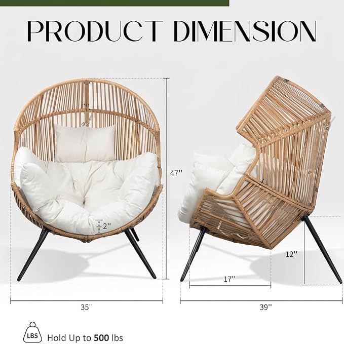 Oversized Outdoor Wicker Egg Chair, Patio Lounge Chair Basket Seat with Thick Cushion, All Weather Indoor Outdoor Porch Rockers for Balcony, Living Room, Lawn Garden