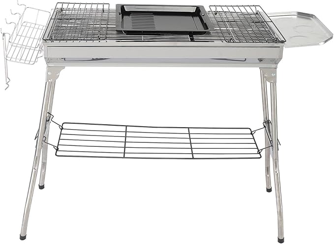 Portable Charcoal Grill, Stainless Steel Folded Camping Grill Kabob BBQ Barbecue Grill Kit for Garden Backyard Party Picnic Travel Outdoor Cooking 39.3 x 12.2 x 27.9 Inch (Silver)