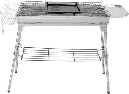 Portable Charcoal Grill, Stainless Steel Folded Camping Grill Kabob BBQ Barbecue Grill Kit for Garden Backyard Party Picnic Travel Outdoor Cooking 39.3 x 12.2 x 27.9 Inch (Silver)