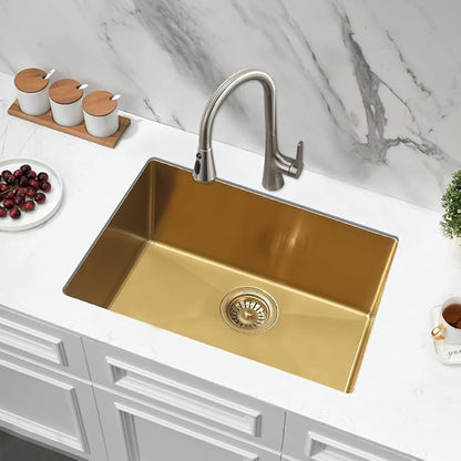Gold Kitchen Sink Undermount, Jshozzy 27x16 Undermount Kitchen Sink Stainless Steel 16 Gauge Single Bowl Under Counter Deep Sink