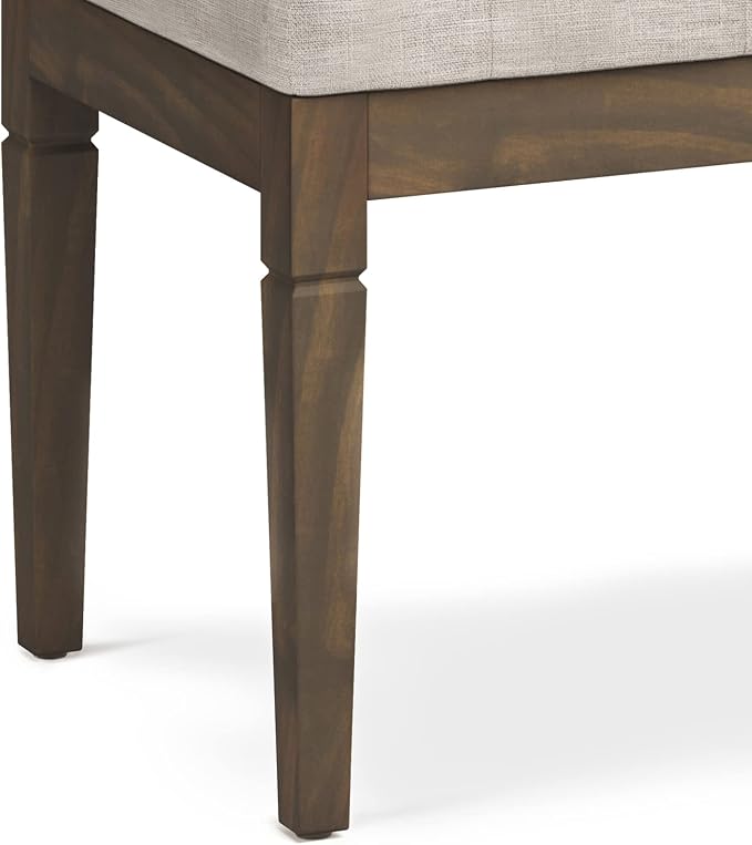 SIMPLIHOME Dahlia 18" x 46" Solid Wood Outdoor Indoor Bench in Grey | Natural linen look, traditional tufted ottoman bench with carved legs; ideal bedroom or living room footstool or footrest.