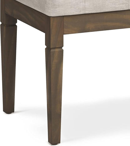 SIMPLIHOME Dahlia 18" x 46" Solid Wood Outdoor Indoor Bench in Grey | Natural linen look, traditional tufted ottoman bench with carved legs; ideal bedroom or living room footstool or footrest.