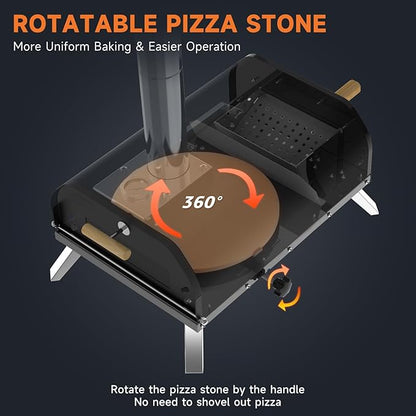 SizzleDelite Outdoor Pizza Oven Wood Pellet 12" Round Pizza Stone, Portable Wood Fired with Built-in Thermometer Pizza Stove, Stainless Steel Pizza Maker for Outside, Backyard, Camping - Black