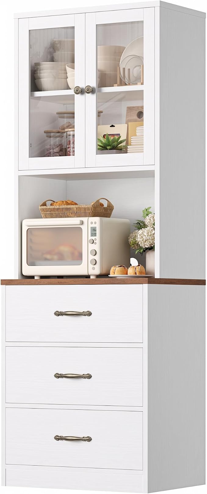 71“ Tall Kitchen Pantry Storage Cabinet with Microwave Stand, Buffet Kitchen Hutch with Shelves and Drawers, Wood Coffee Bar Pantry Cabinet with Glass Doors, for Dining Room/Small Space, White