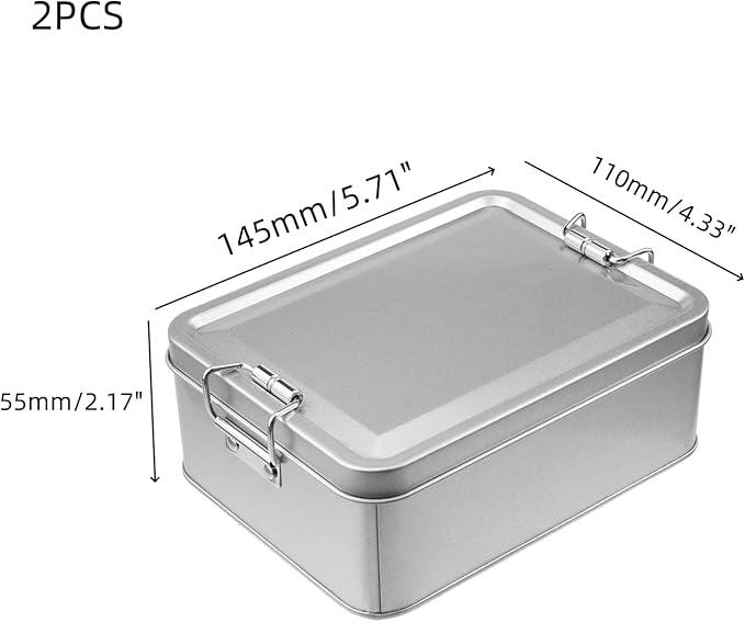 2 Pack Silver Tin Box Containers Metal Storage Box with Lids Rectangular Containers with Buckle Latch for Home Storage Outdoor Usage(5.71"×4.33"×2.17")