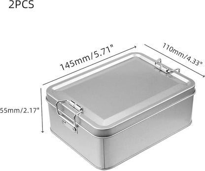 2 Pack Silver Tin Box Containers Metal Storage Box with Lids Rectangular Containers with Buckle Latch for Home Storage Outdoor Usage(5.71"×4.33"×2.17")