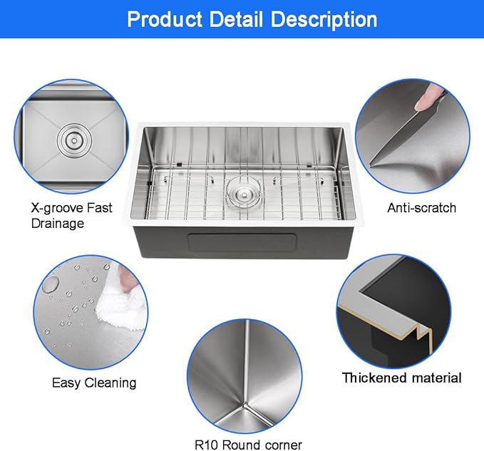 30 x 19 Inch Undermount Kitchen Bar Sink, Handmade Single Bowl 304 Stainless Steel Wet RV Sinks, Indoor and Outdoor Deep Kitchen Laundry Basin with Accessories