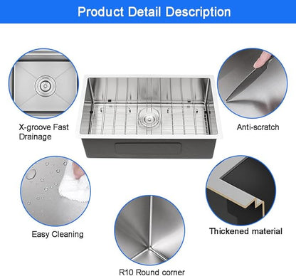 30 x 19 Inch Undermount Kitchen Bar Sink, Handmade Single Bowl 304 Stainless Steel Wet RV Sinks, Indoor and Outdoor Deep Kitchen Laundry Basin with Accessories