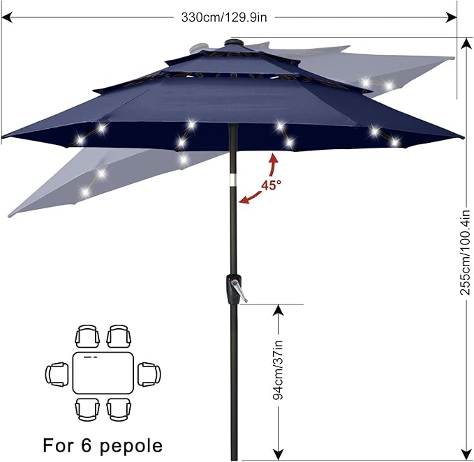 ABCCANOPY 3-Tiers 11FT Solar Patio Umbrella, Outdoor Umbrella with 32 LED Lights for for Deck, Pool, Garden, Backyard (Navy Blue)