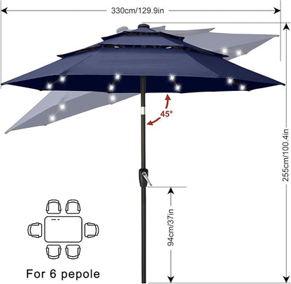 ABCCANOPY 3-Tiers 11FT Solar Patio Umbrella, Outdoor Umbrella with 32 LED Lights for for Deck, Pool, Garden, Backyard (Navy Blue)