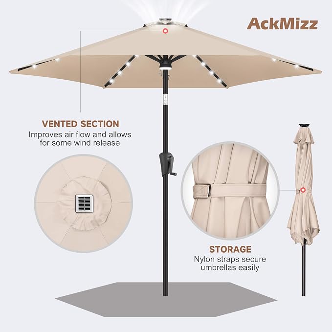 10 ft Solar Patio Umbrella Outdoor with Centre Light, Beige | 24 LED Lights, UV Protection, Solar Outdoor Umbrella for Porch, Deck, Pool, Table, Garden, Provides Evening Lighting
