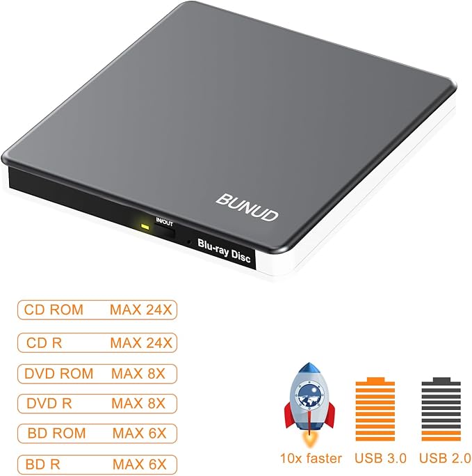 External Blu Ray CD DVD Drive, USB 3.0 Type C Blu ray Burner BD Player Read/Write Portable Bluray Drive Slim Optical Blue Ray CD DVD Reader for Laptop PC Windows 11 MacBook Pro Air Desktop Linux OS