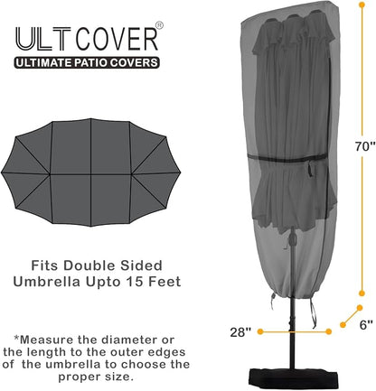 ULTCOVER Patio Parasol 600D Waterproof Outdoor Market Extra Large Umbrella Cover - Fits Double-Sided Umbrella 13-15 Feet, Black