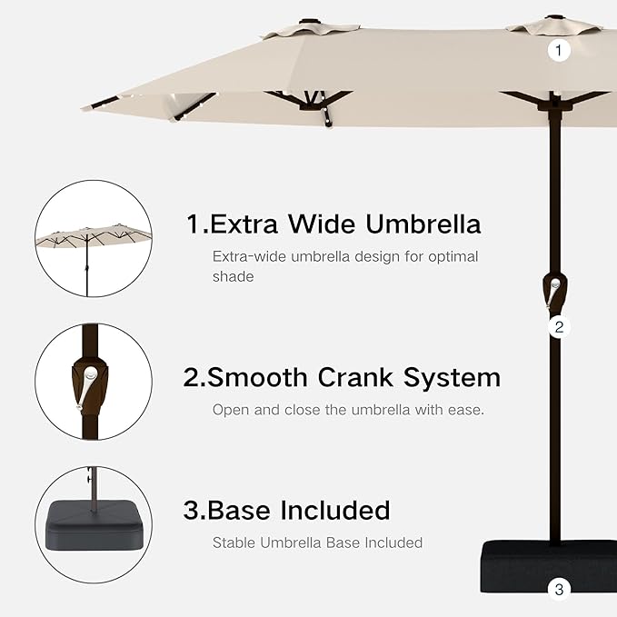 Kingdura 13ft Large Patio Umbrella with Solar Lights, Double-Sided Rectangle Outdoor Table Umbrella with Base Included, 12 Reinforced Ribs, 48 Led Lights, Crank Lift for Market Pool Deck, Beige