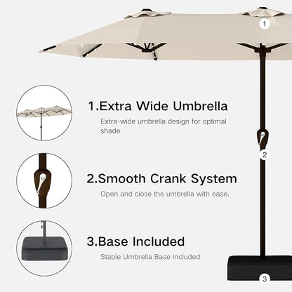Kingdura 13ft Large Patio Umbrella with Solar Lights, Double-Sided Rectangle Outdoor Table Umbrella with Base Included, 12 Reinforced Ribs, 48 Led Lights, Crank Lift for Market Pool Deck, Beige