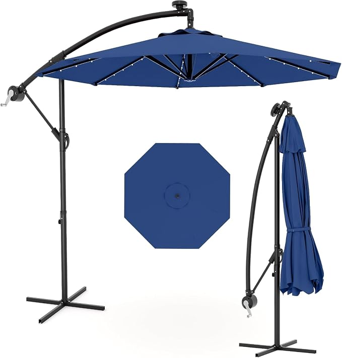 Garvee 10FT Solar Lights Offset Patio Umbrella with Cross Base, Navy Blue | Cantilever Umbrella with Easy Lift & Tilt Adjustment, 8 Ribs Sun umbrella UV Protection for Backyard, Pool, Garden