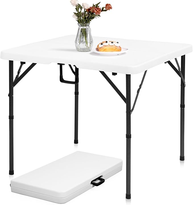 pollilar 34" Folding Card Table Square Foldable Table Plastic Portable with Detachable Legs, Dual Height Adjustable, Heavy-Duty Indoor Outdoor Dining, Game, Picnic, Mahjong Tables-White