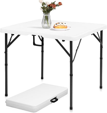 pollilar 34" Folding Card Table Square Foldable Table Plastic Portable with Detachable Legs, Dual Height Adjustable, Heavy-Duty Indoor Outdoor Dining, Game, Picnic, Mahjong Tables-White