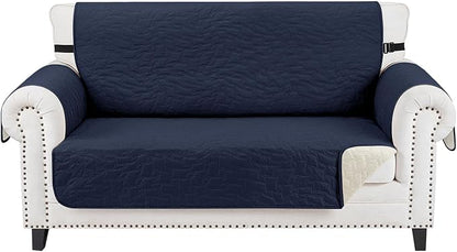 CUCRAF Non Slip Quilted Sofa Cover, Water Resistant Slipcover Furniture Protector for 2 Cushion Sofa Pet Friendly, Washable Couch Cover with Adjustable Elastic Straps (Medium Loveseat, Navy Blue)