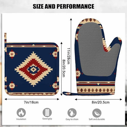Mxocom Southwest Diamond Blue Red Heat-Resistant Oven Mitts and Pot Holder Indian Style on Blue and Red Background Kitchen Non-Slip Cooking Microwave Gloves for Cooking Baking Grilling