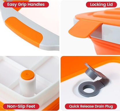 BBQ Prep Tub 3-IN-1 Large 16L Collapsible Cutting Board with Locking Lid for Meal Prep Marinating Food, Camping Sink with Colander, Dish Basin, Storage Blanket for Camping Picnic BBQ, Orange
