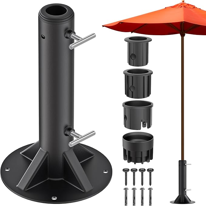 Dolibest Heavy Duty Deck Mount Umbrella Holder with Plastic Sleeve, Fully Welded Steel Patio Umbrella Base up to 2'' Poles, Outdoor Umbrella Stand for Patio Table, Balcony, Decks, Docks (Enhanced)
