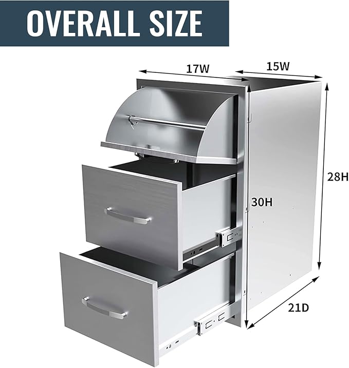 Outdoor Kitchen Drawer 17 x 30 inch Flush Mount BBQ Layer Drawer, Durable Stainless Steel Kitchen Drawer Outdoor Kitchen Access Drawer for BBQ Island Patio