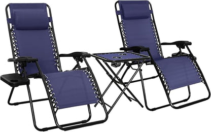 Amazon Basics Outdoor Adjustable Zero Gravity Folding Reclining Lounge Chair with Cup Holder, Headrest Pillow, Detachable Side Table, Weather Resistant, Set of 2, Blue