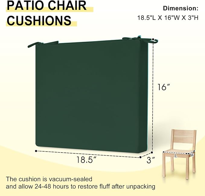 downluxe Outdoor Chair Cushions Set of 4 for Patio Furniture, Water-Resistant Square Corner Patio Chair Cushions with Ties, High Density Foam Outdoor Seat Cushion, 18.5" X 16" X 3", Forest Green
