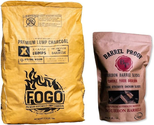 FOGO Premium Hardwood Lump Charcoal, Natural Large Sized Lump Charcoal, 17.6 Pound Bag and FOGO Barrel Proof Bourbon Barrel Blocks, 2 Pound Resealable Bag, Bundle