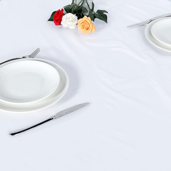 LUSHVIDA Round Waterproof Table Cover Elastic Vinyl Fitted Tablecloth Elastic Edged Plastic Table Cloth (White, Best for Up to 57"-68" Round)