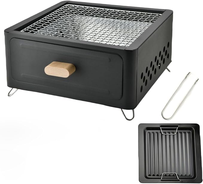 Desk Tabletop Outdoor Charcoal Grill Portable Small BBQ Grill Easy Assembly with Grid Lifter and Stainless Steel Grill Grate for Camping Picnics Garden Beach Party(Black B)
