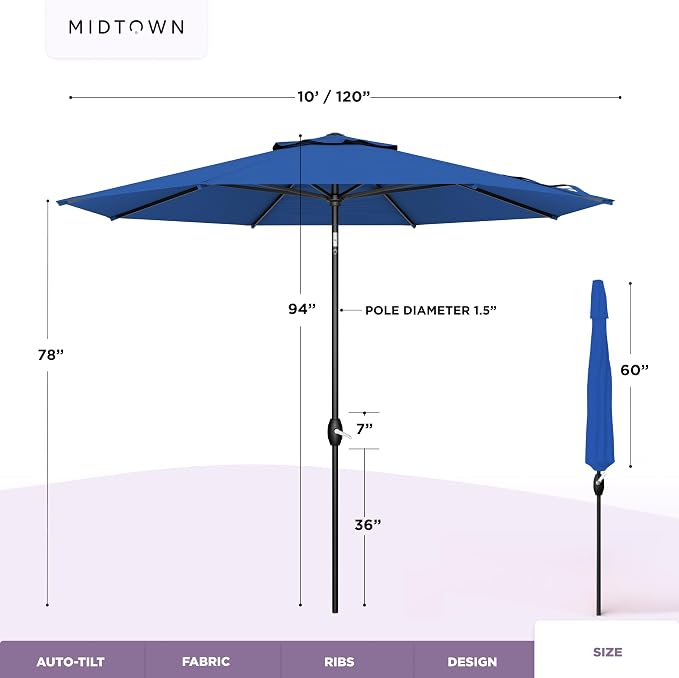Midtown Umbrellas – The Lean 10 Ft Patio Umbrella with 10-Year-No-Fade Acrylast Acrylic Fabric, Auto-Tilt and 8 Reinforced Ribs for Deck, Pool, Garden, Hotel & Cafes – Deep Atlantic Canopy, Black Pole
