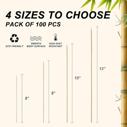 DaTpuik 8 inch Natural Bamboo Skewers for Barbecue Party，Fruit，Kabob，Appetiser，Hamburger，Cocktail，Craft，Bouquet，Chocolate Fountain，Corn Dog, diameter=4mm. More Size Choices 6"/8"/10"/12"(100 PCS)
