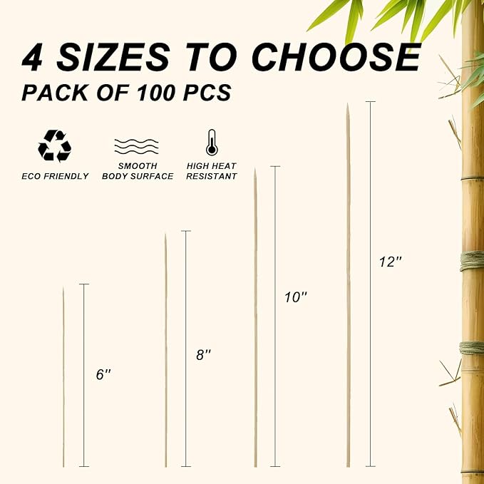 DaTpuik 10 inch Natural Bamboo Skewers for Grilling，Chocolate Fountain，Kabob，Crafts，Barbecue，Flower Bouquet， Bouquet Wrapping Paper. Diameter=4mm. More Size Choices 6"/8"/10"/12"/36"(100 PCS)